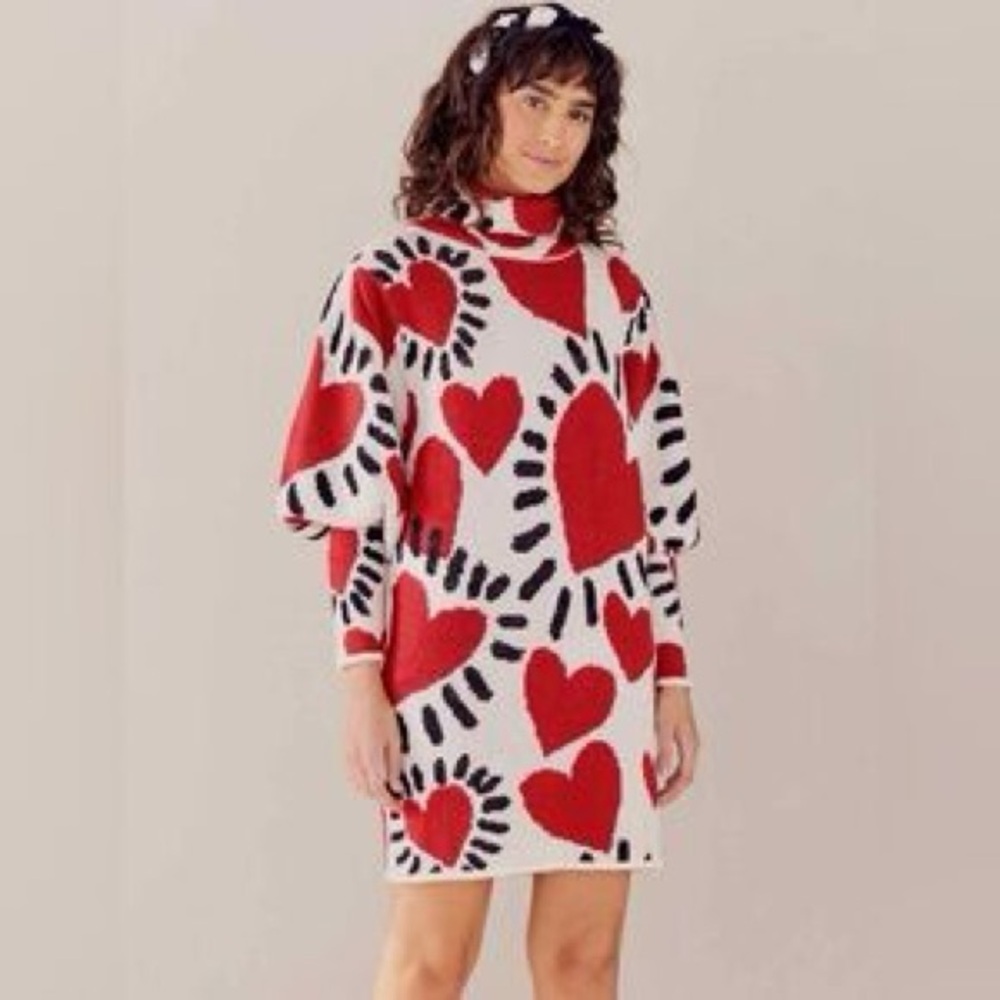 Farm Rio Red Heart Patterned Sweater Dress